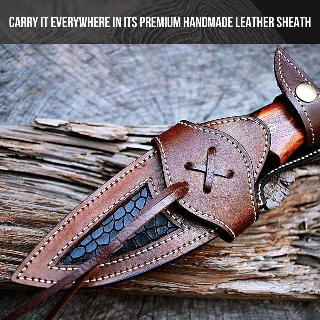 BIGCAT ROAR 10″ Handmade Damascus Hunting Knife with Leather Sheath - Ideal for Skinning, Camping, Outdoor - EDC Fixed Blade Bushcraft Knife with Walnut Wood Handle - Predator Hunter