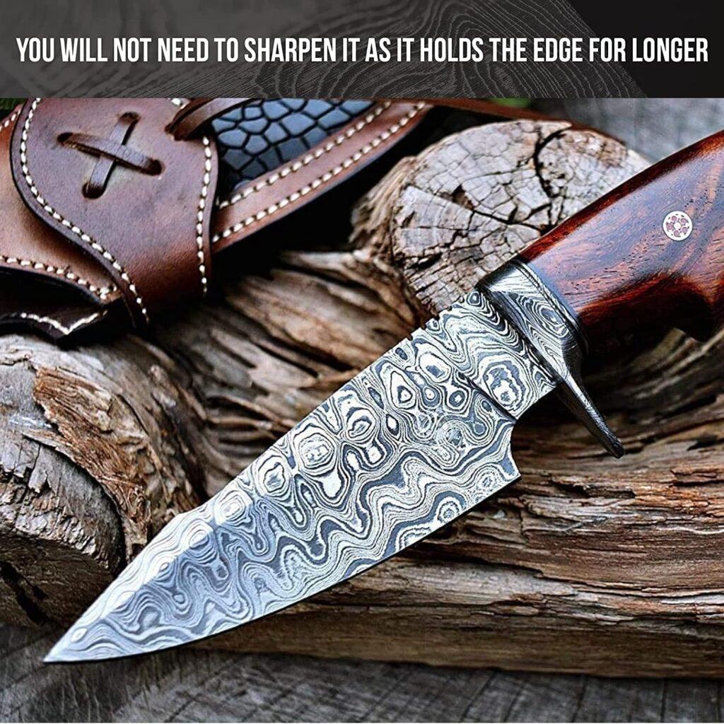 BIGCAT ROAR 10″ Handmade Damascus Hunting Knife with Leather Sheath - Ideal for Skinning, Camping, Outdoor - EDC Fixed Blade Bushcraft Knife with Walnut Wood Handle - Predator Hunter