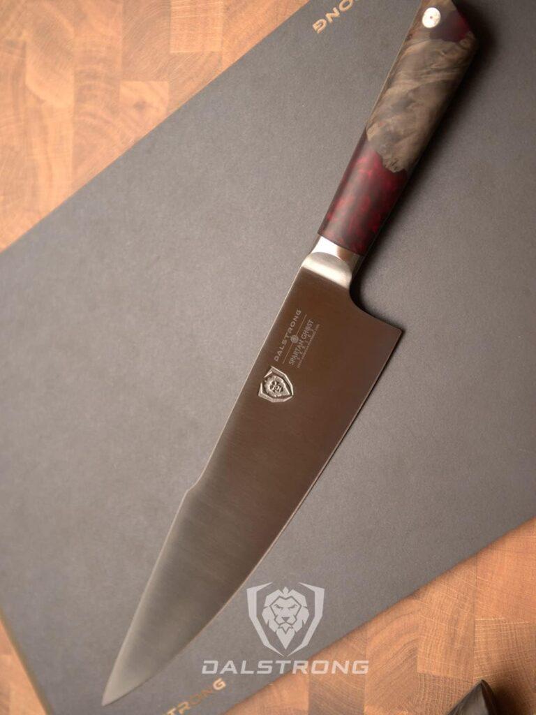 Dalstrong Chef Knife - 8 inch - Spartan Ghost Series - American Forged S35VN Powdered Steel Kitchen Knife - Maple  Red Resin Handle - Razor Sharp Cooking Knife - Chefs Knife - Sheath Included
