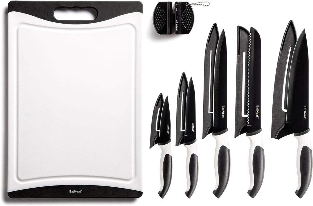 EatNeat 12 Piece Kitchen Knife Set - 5 Black Stainless Steel Knives with Safety Sheaths, a Cutting Board, and a Sharpener | Kitchen Must Haves | Kitchen Essentials for New Homes and Apartments