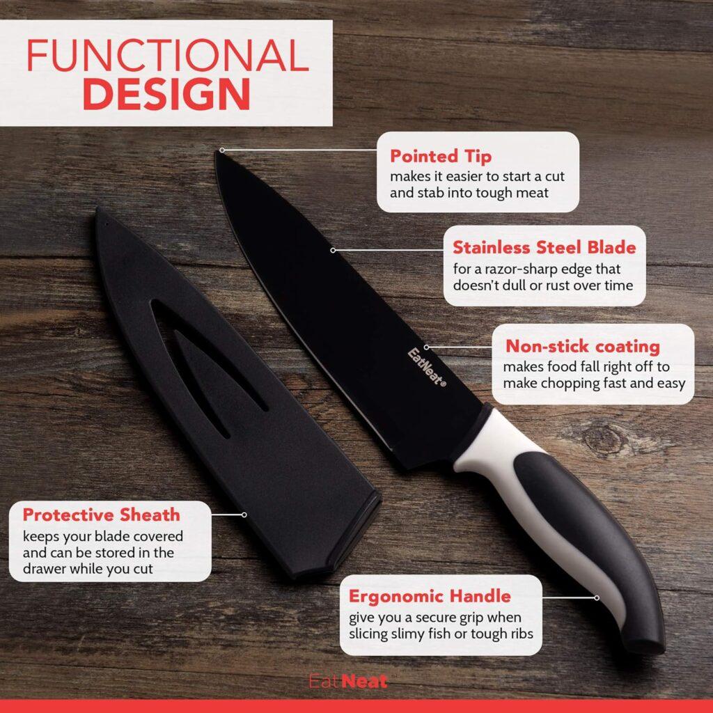 EatNeat 12 Piece Kitchen Knife Set - 5 Black Stainless Steel Knives with Safety Sheaths, a Cutting Board, and a Sharpener | Kitchen Must Haves | Kitchen Essentials for New Homes and Apartments
