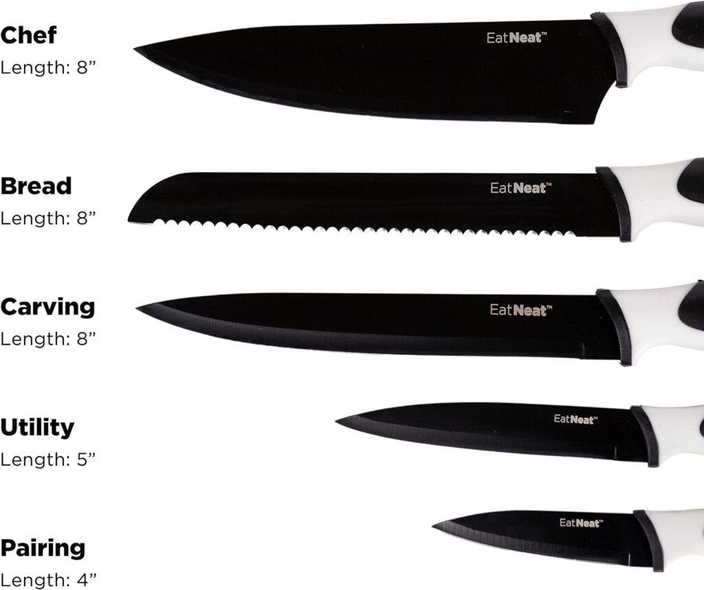 EatNeat 12 Piece Kitchen Knife Set - 5 Black Stainless Steel Knives with Safety Sheaths, a Cutting Board, and a Sharpener | Kitchen Must Haves | Kitchen Essentials for New Homes and Apartments
