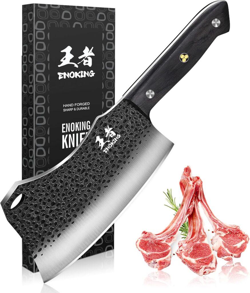 ENOKING Cleaver Knife Heavy Duty Bone Chopper Knife, Hand Forged Meat Cleaver German High Carbon Stainless Steel Butcher Knife for Home Kitchen Outdoor (7.1-inch Meat Cleaver) ENOKING Cleaver Knife Heavy Duty Bone Chopper Knife, Hand Forged Meat Cleaver German High Carbon Stainless Steel Butcher Knife for Home Kitchen Outdoor (7.1-inch Meat Cleaver)