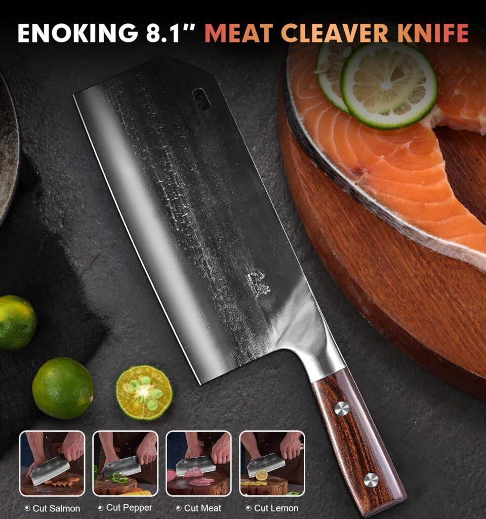 ENOKING Cleaver Knife Heavy Duty Bone Chopper Knife, Hand Forged Meat Cleaver German High Carbon Stainless Steel Butcher Knife for Home Kitchen Outdoor (7.1-inch Meat Cleaver) ENOKING Cleaver Knife Heavy Duty Bone Chopper Knife, Hand Forged Meat Cleaver German High Carbon Stainless Steel Butcher Knife for Home Kitchen Outdoor (7.1-inch Meat Cleaver)