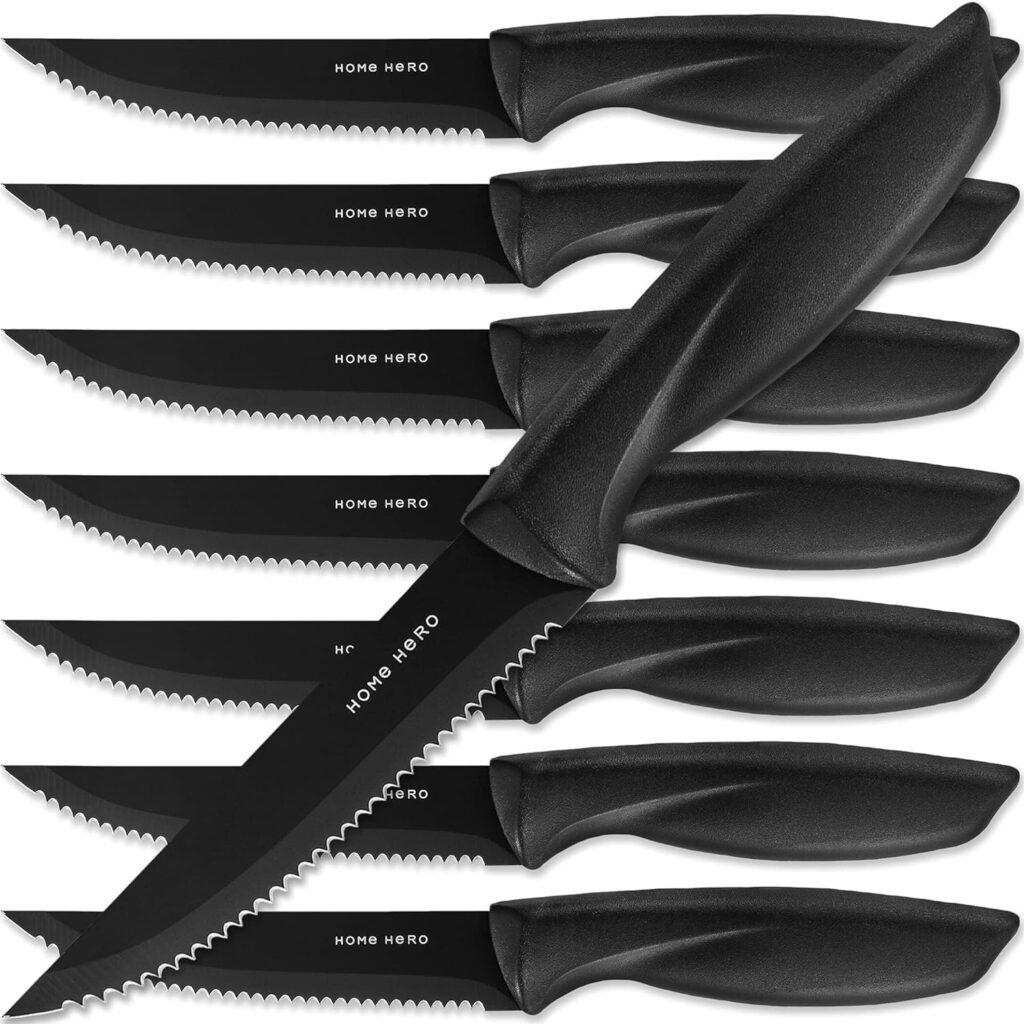 Home Hero Kitchen Knife Set - Set of 8, Steak Knives - Serrated Steak Knives - Ultra-Sharp High Carbon Stainless Steel Knives with Ergonomic Handles (8 Pc Set, Black) Home Hero Kitchen Knife Set - Set of 8, Steak Knives - Serrated Steak Knives - Ultra-Sharp High Carbon Stainless Steel Knives with Ergonomic Handles (8 Pc Set, Black)