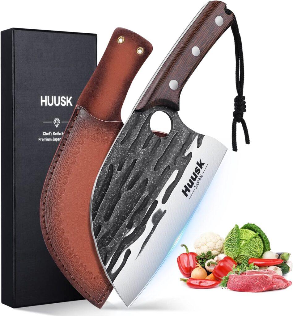 Huusk Japan Knives, Upgraded Serbian Chef Knife Japanese Meat Cleaver Knife for Meat Cutting Forged Butcher Knife with Sheath Kitchen Knives Full Tang Chopping Knife for Home, Outdoor Cooking, Camping Huusk Japan Knives, Upgraded Serbian Chef Knife Japanese Meat Cleaver Knife for Meat Cutting Forged Butcher Knife with Sheath Kitchen Knives Full Tang Chopping Knife for Home, Outdoor Cooking, Camping
