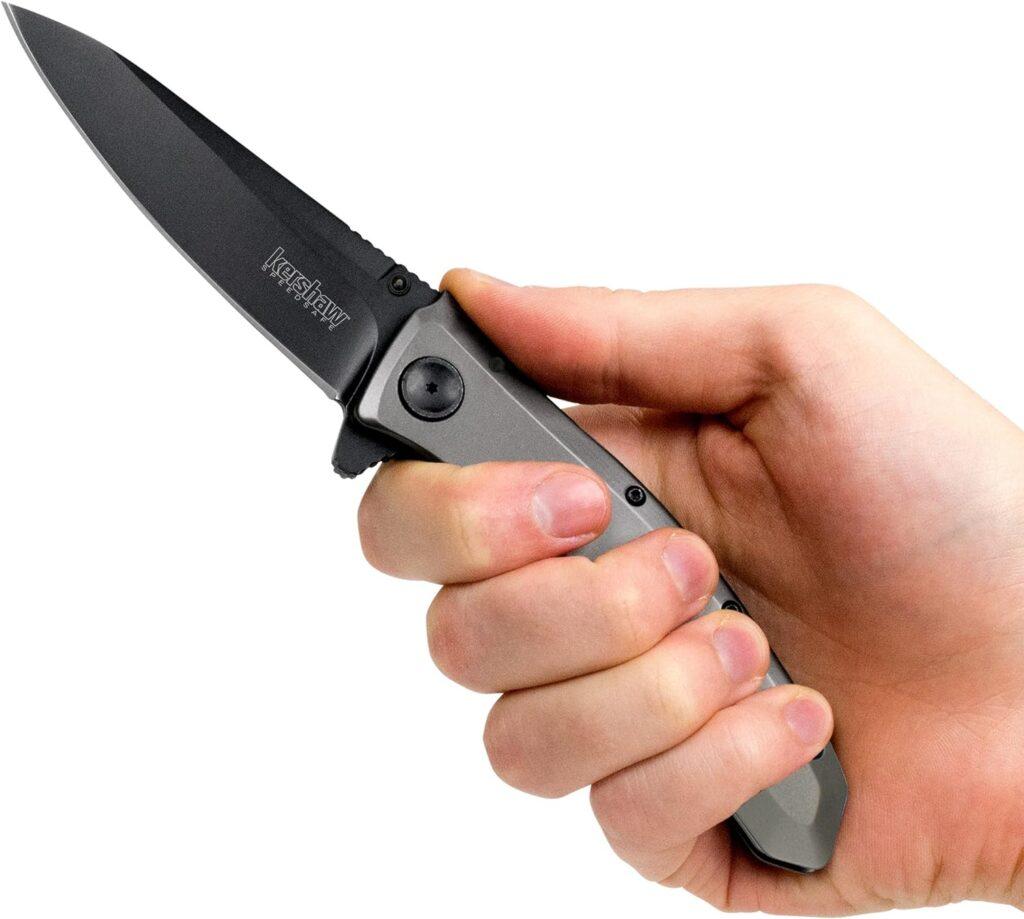 Kershaw Grid Pocketknife, 3.7 8Cr13MoV Steel Drop Point Plain Edge Blade, Assisted One-Handed Flipper or Thumb Stud Opening, Frame Lock EDC
