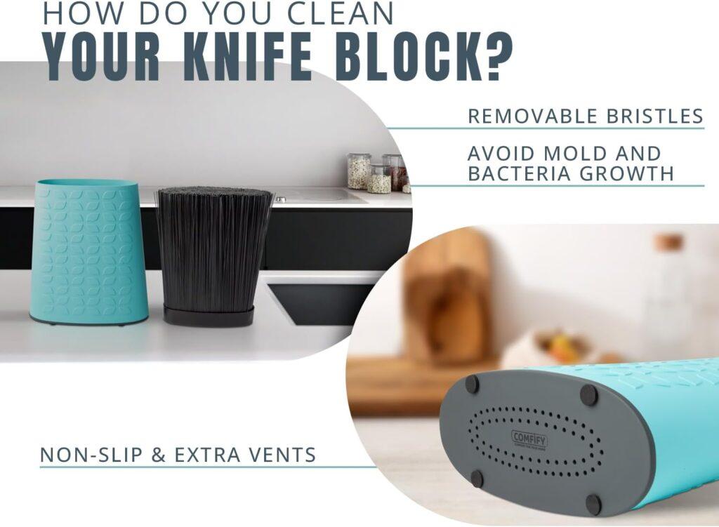 Knife Block for Kitchen Storage w/Removable Bristles - Convenient Secure Knife Stand for Holding Small Large Knives- Blue Knife Block for Kitchen Storage w/Removable Bristles - Convenient Secure Knife Stand for Holding Small Large Knives- Blue