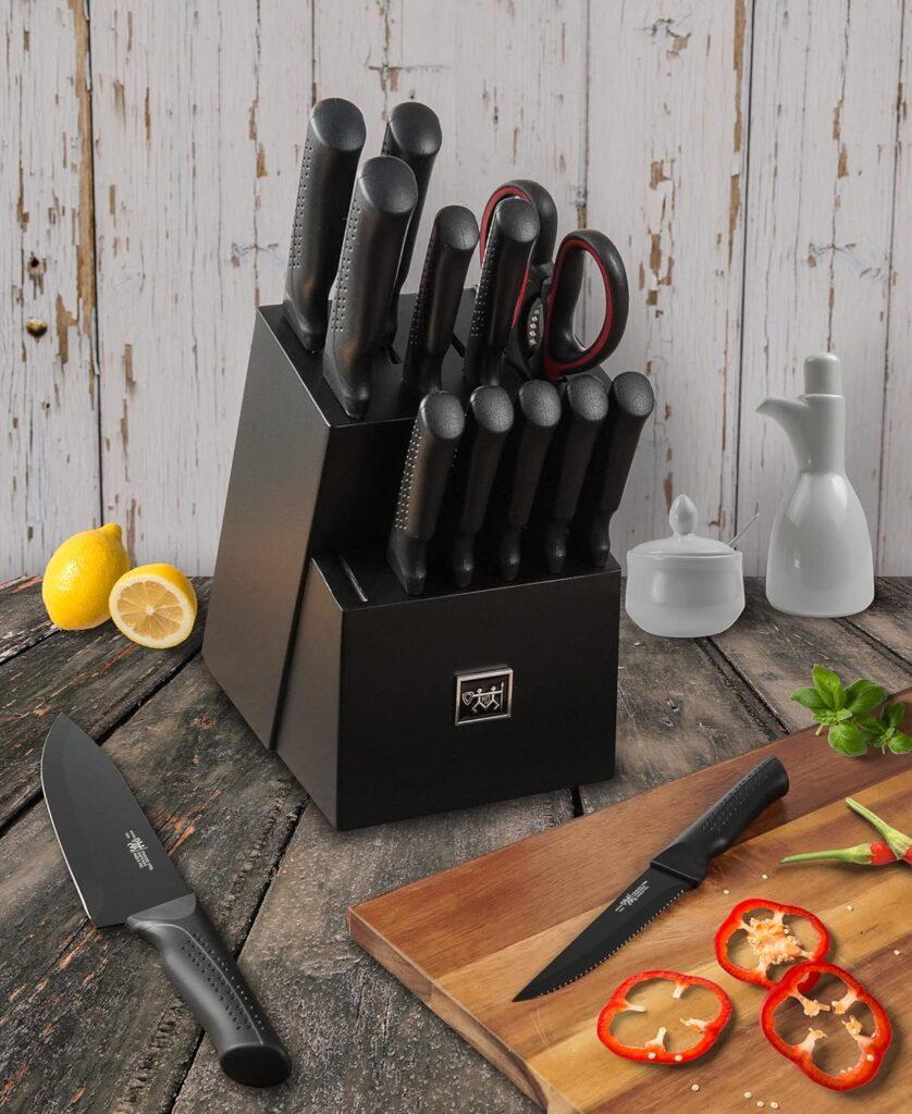 knife set, 15 Pcs Black knife sets for kitchen with block Self Sharpening, Dishwasher Safe, 6 Steak Knives, Anti-slip handle