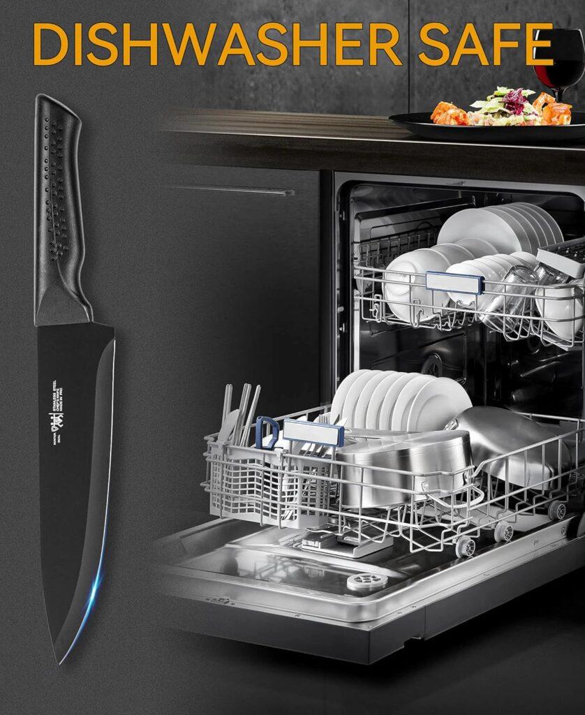 knife set, 15 Pcs Black knife sets for kitchen with block Self Sharpening, Dishwasher Safe, 6 Steak Knives, Anti-slip handle