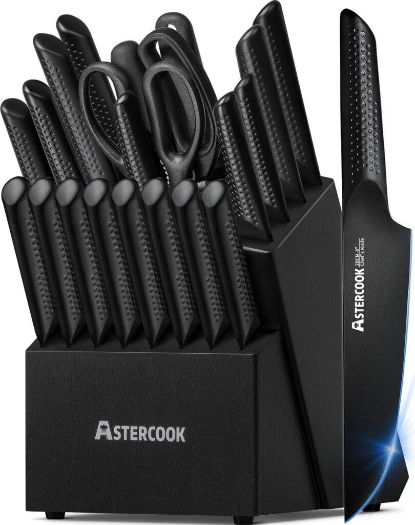 Knife Set, 21 Pieces Chef Knife Set with Block for Kitchen, German Stainless Steel Knife Block Set, Dishwasher Safe, Elegant Black