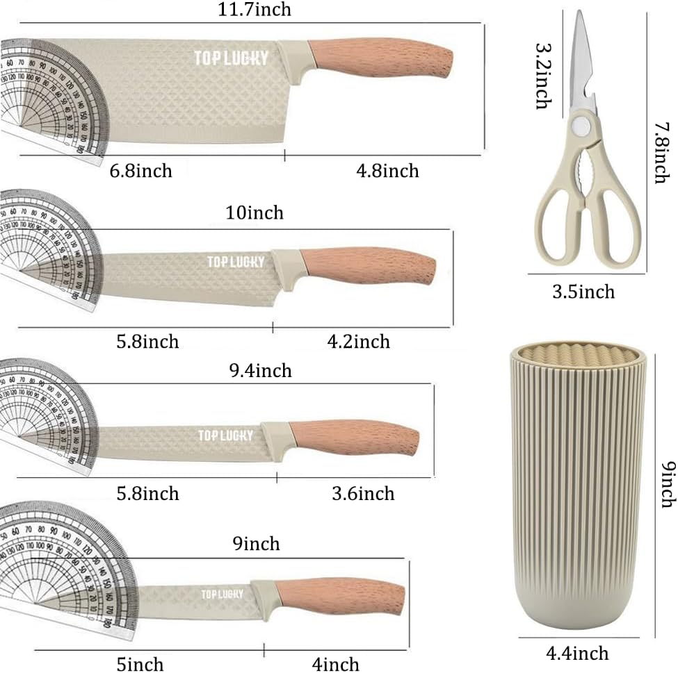 Knife Set, 6-Piece Khaki Professional Kitchen Knife Set for Chef, Super Sharp Knife Set with Universal Knife Block, Anti-Rust Stainless Steel Kitchen Knife Block Set, Ergonomical Design (Khaki)