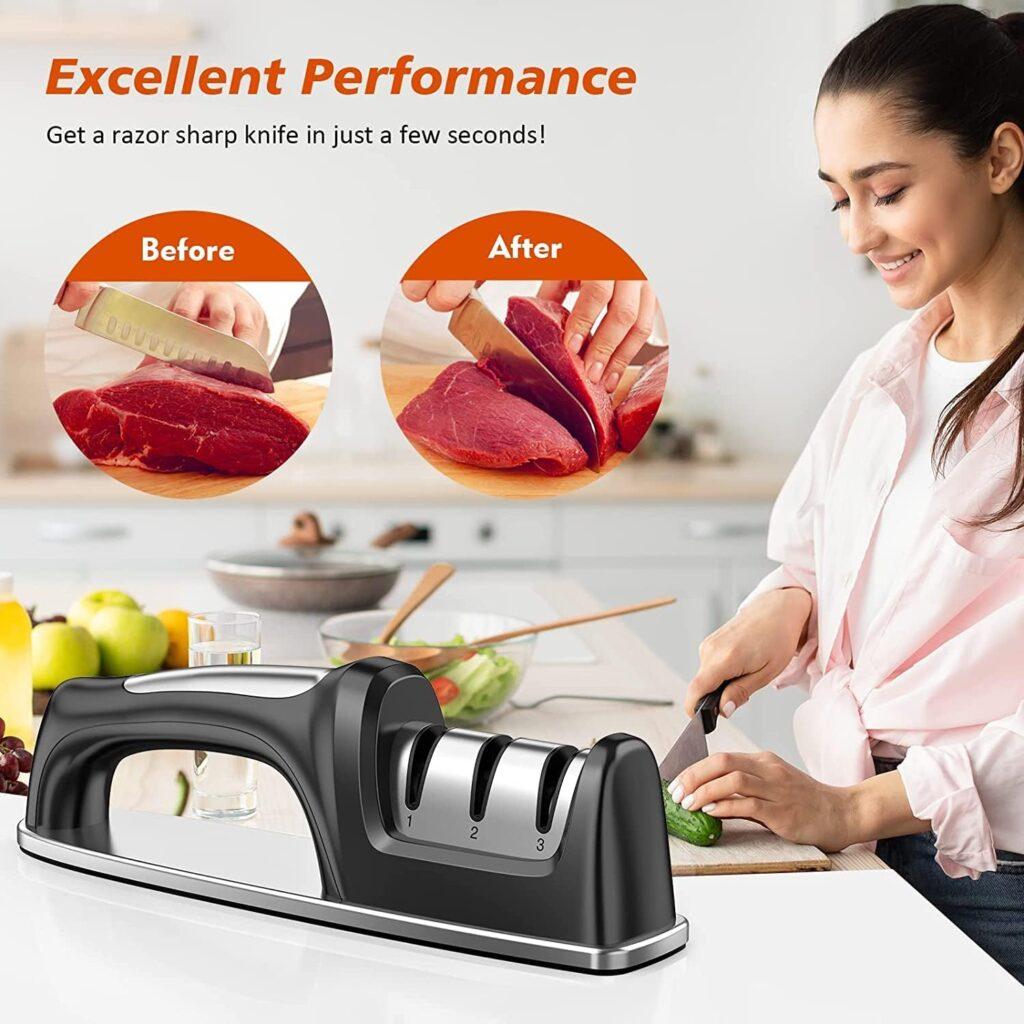 Knife Sharpener, Blade Sharpener 3 Stages Professional Knife Sharpening Tool for all kinds of Kitchen Knives, Outdoor Knives,Pocket Knives, and More