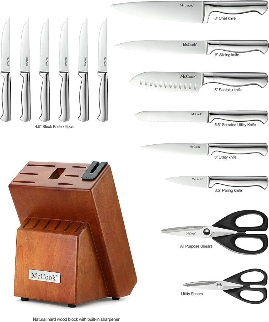 McCook Knife Sets, German Stainless Steel Kitchen Knife Block Sets with Built-in Sharpener