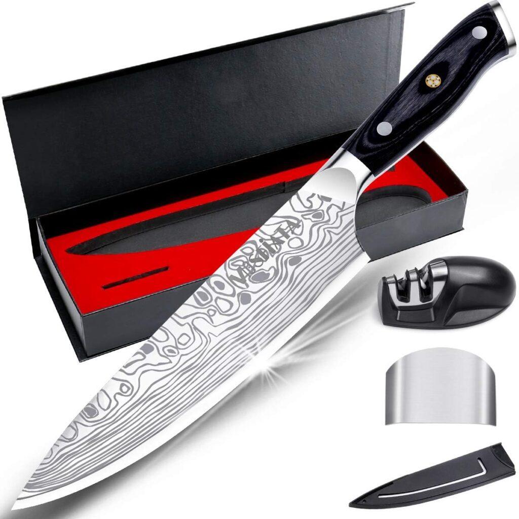 MOSFiATA 8 Super Sharp Professional Chefs Knife with Finger Guard and Knife Sharpener, German High Carbon Stainless Steel EN1.4116 with Micarta Handle and Gift Box MOSFiATA 8 Super Sharp Professional Chefs Knife with Finger Guard and Knife Sharpener, German High Carbon Stainless Steel EN1.4116 with Micarta Handle and Gift Box
