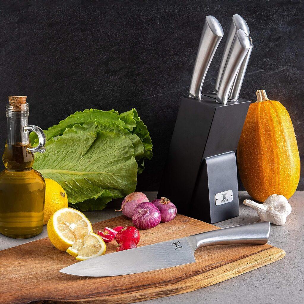 Moss  Stone Professional Kitchen Knife Chef Set, 6 piece Knife Set With Block, Premium Kitchen Knife Set Stainless Steel, Scratch Resistant  Rust Proof, Black Knife Block With Sharp Cooking Knives.