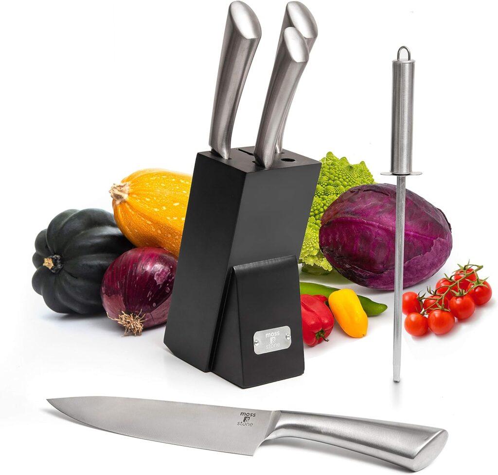 Moss  Stone Professional Kitchen Knife Chef Set, 6 piece Knife Set With Block, Premium Kitchen Knife Set Stainless Steel, Scratch Resistant  Rust Proof, Black Knife Block With Sharp Cooking Knives.