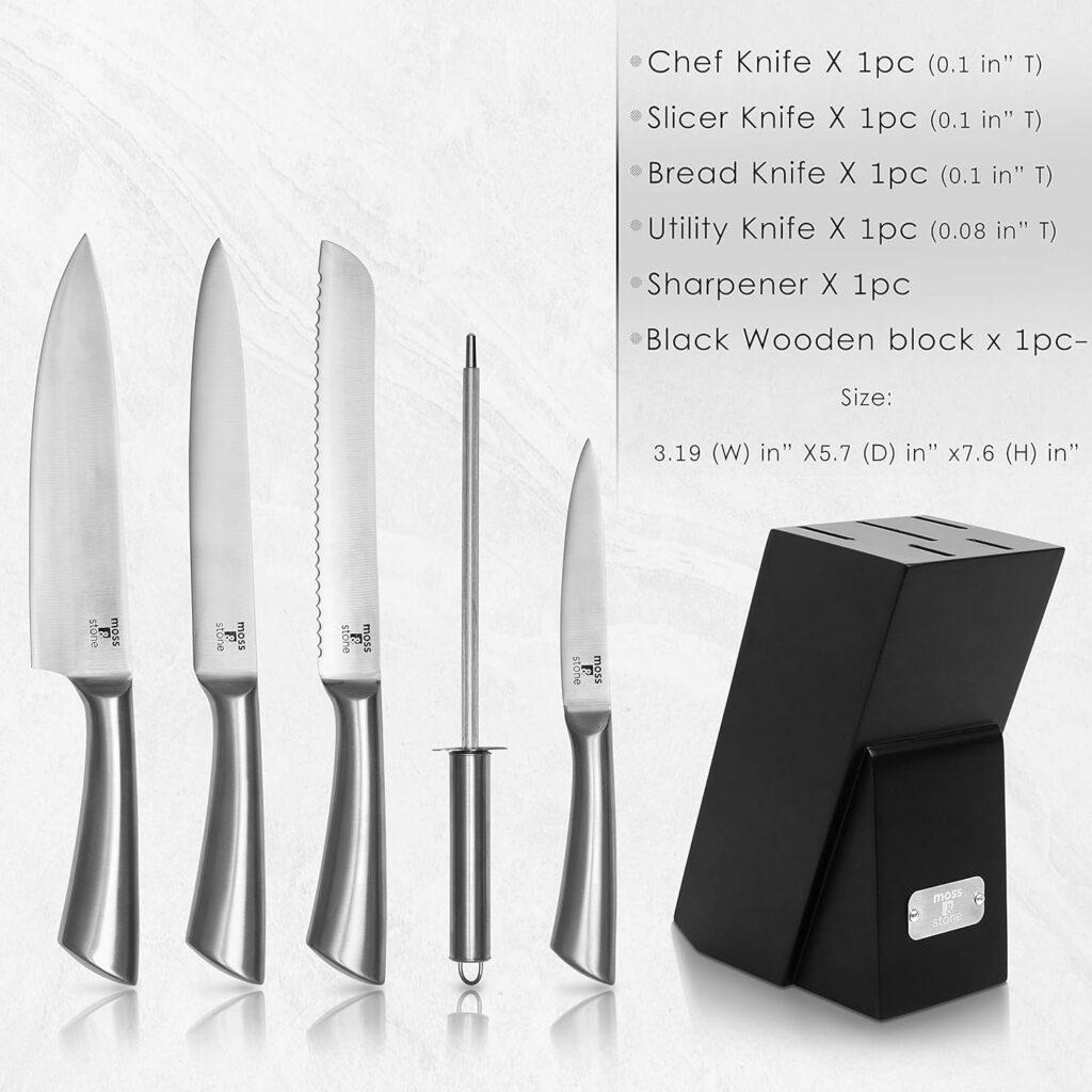 Moss  Stone Professional Kitchen Knife Chef Set, 6 piece Knife Set With Block, Premium Kitchen Knife Set Stainless Steel, Scratch Resistant  Rust Proof, Black Knife Block With Sharp Cooking Knives.