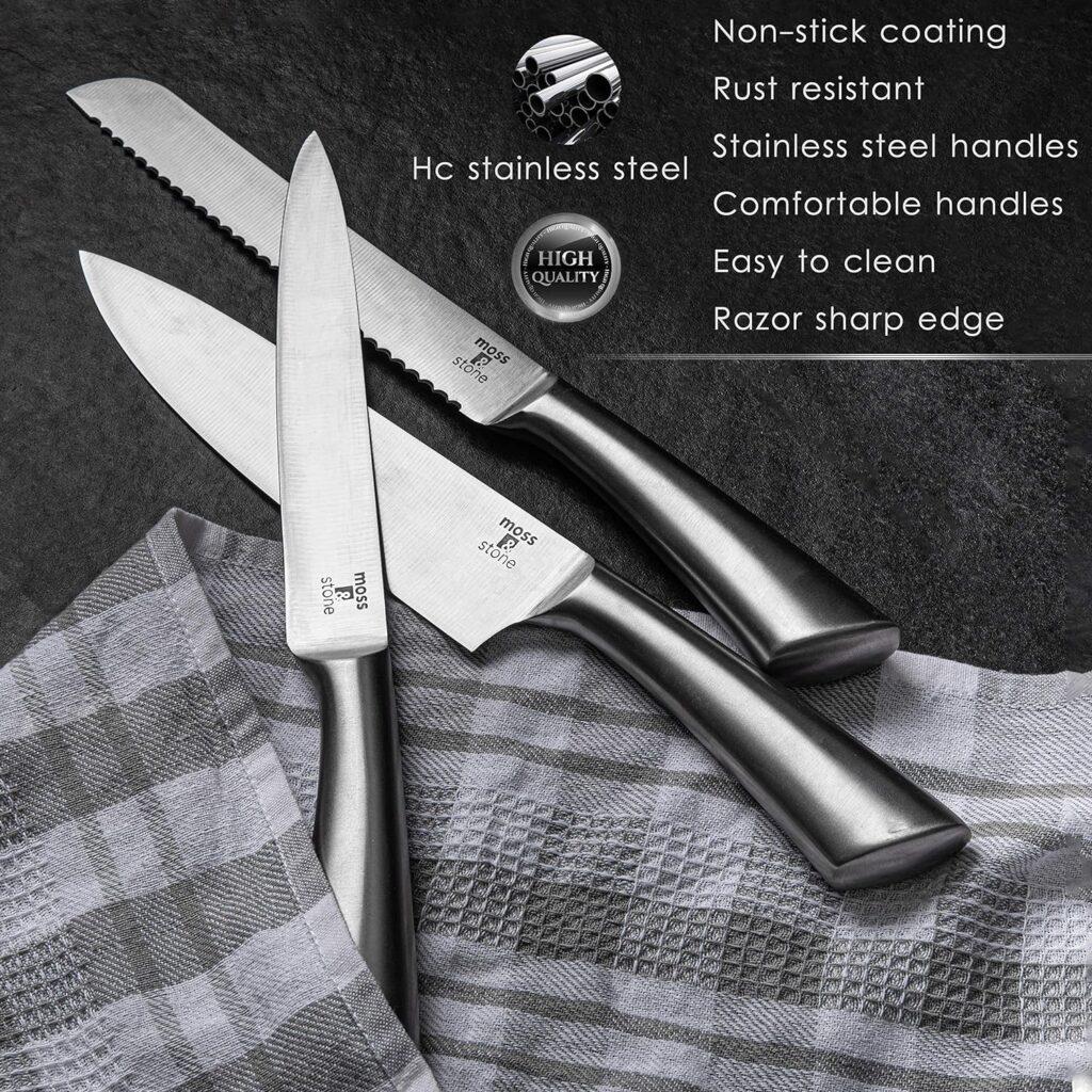 Moss  Stone Professional Kitchen Knife Chef Set, 6 piece Knife Set With Block, Premium Kitchen Knife Set Stainless Steel, Scratch Resistant  Rust Proof, Black Knife Block With Sharp Cooking Knives.