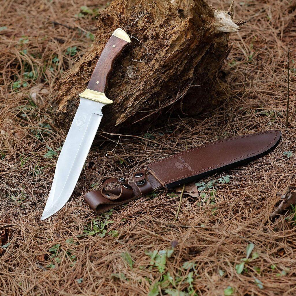 Mossy Oak 14-inch Bowie Knife, Full-tang Fixed Blade, Wood Handle Hunting Knife with Leather Sheath for Camping, Hiking, Survival