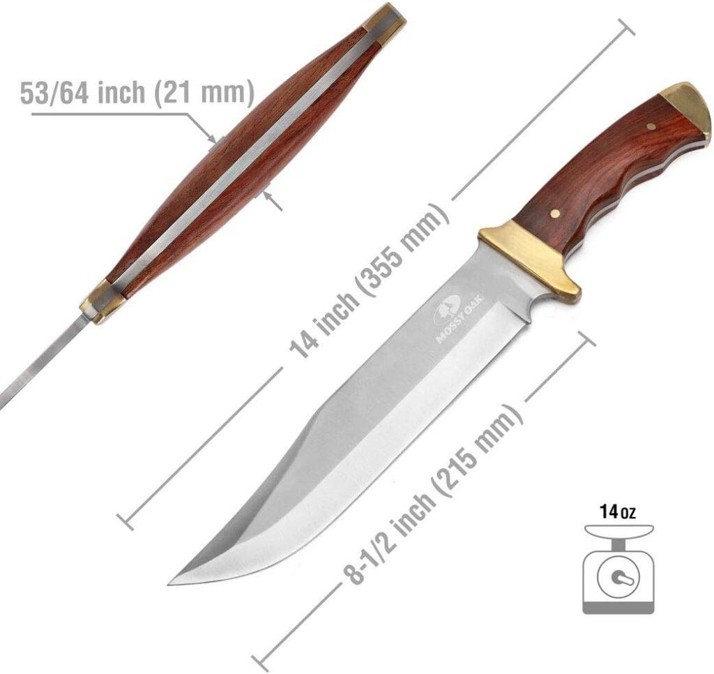 Mossy Oak 14-inch Bowie Knife, Full-tang Fixed Blade, Wood Handle Hunting Knife with Leather Sheath for Camping, Hiking, Survival
