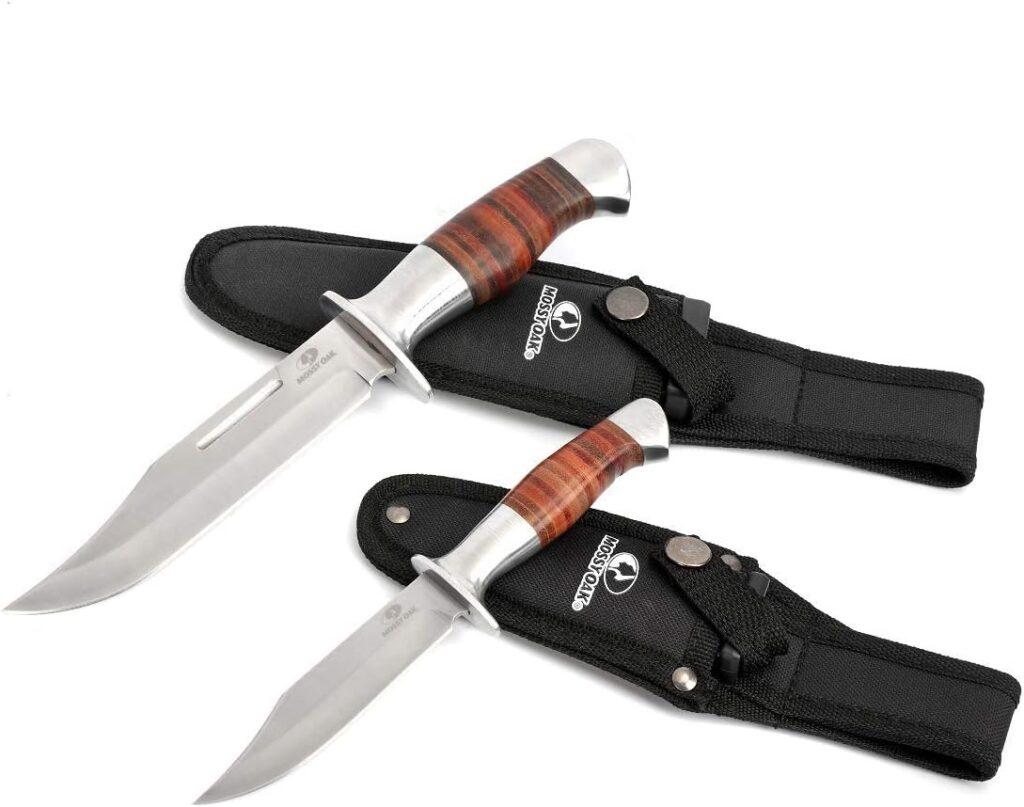 Mossy Oak Fixed Blade Bowie Knife, 2-piece Hunting Knife with Leather Handle Featuring Laser Pattern, Sheath Included