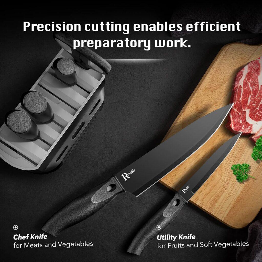 Randalfy Kitchen Knife Set with Block, 7 Pieces Chef Knives, Scissor, for Meat/Vegetables/Fruits Chopping, Slicing, DicingCutting