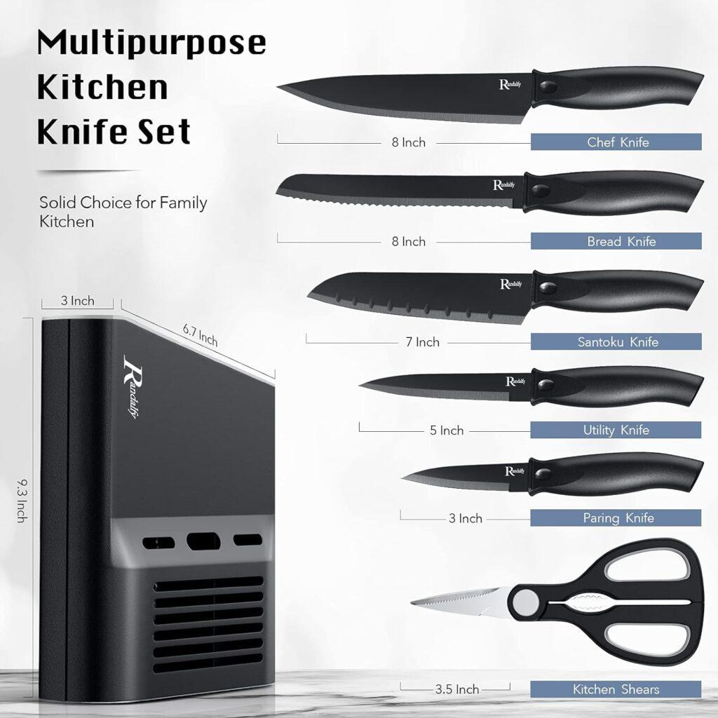 Randalfy Kitchen Knife Set with Block, 7 Pieces Chef Knives, Scissor, for Meat/Vegetables/Fruits Chopping, Slicing, DicingCutting