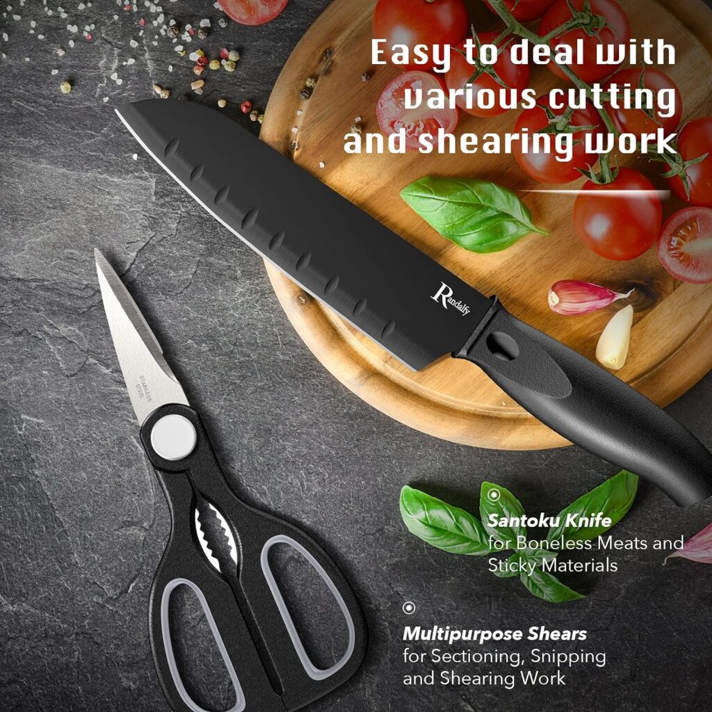 Randalfy Kitchen Knife Set with Block, 7 Pieces Chef Knives, Scissor, for Meat/Vegetables/Fruits Chopping, Slicing, DicingCutting