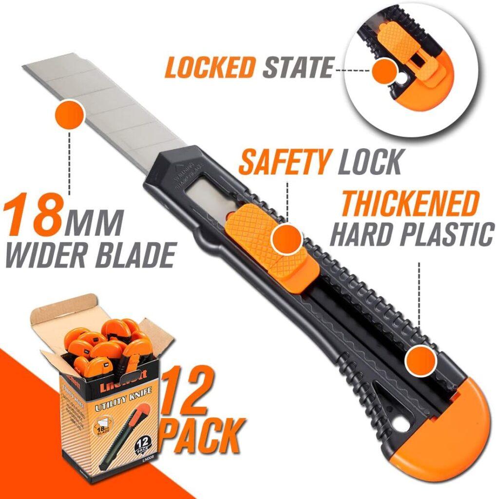 REXBETI 12-Pack Utility Knife, Retractable Box Cutter for Cartons, Cardboard and Boxes, 18mm Wider Razor Sharp Blade, Smooth Mechanism, Perfect for Office and Home use