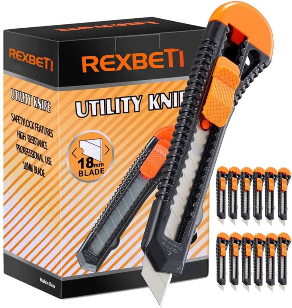 REXBETI 12-Pack Utility Knife, Retractable Box Cutter for Cartons, Cardboard and Boxes, 18mm Wider Razor Sharp Blade, Smooth Mechanism, Perfect for Office and Home use