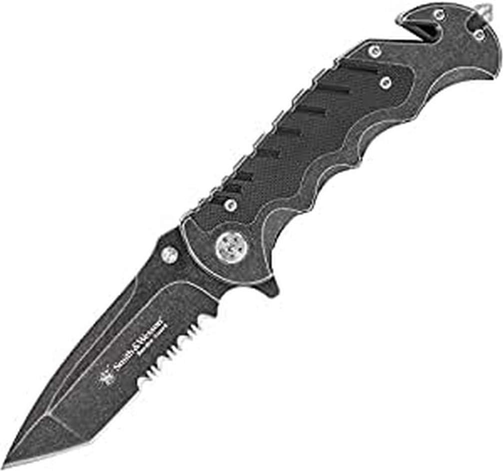 Smith Wesson Border Guard SWBG10S 8.3in High Carbon S.S. Folding Knife with 3.5in Serrated Tanto Blade and Aluminum Handle for Outdoor, Tactical, Survival and EDC ,Black