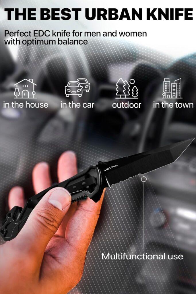 Tactical Knife for Men - 2.8 Inch Tanto Serrated Blade - Black Pocket Knife with Glass Breaker Seatbelt Cutter Pocket Clip - Cool Folding Knives for Camping Military Work - Birthday Mens Gifts 6620