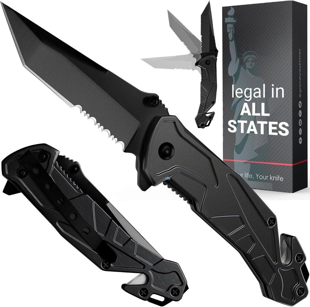 Tactical Knife for Men - 2.8 Inch Tanto Serrated Blade - Black Pocket Knife with Glass Breaker Seatbelt Cutter Pocket Clip - Cool Folding Knives for Camping Military Work - Birthday Mens Gifts 6620