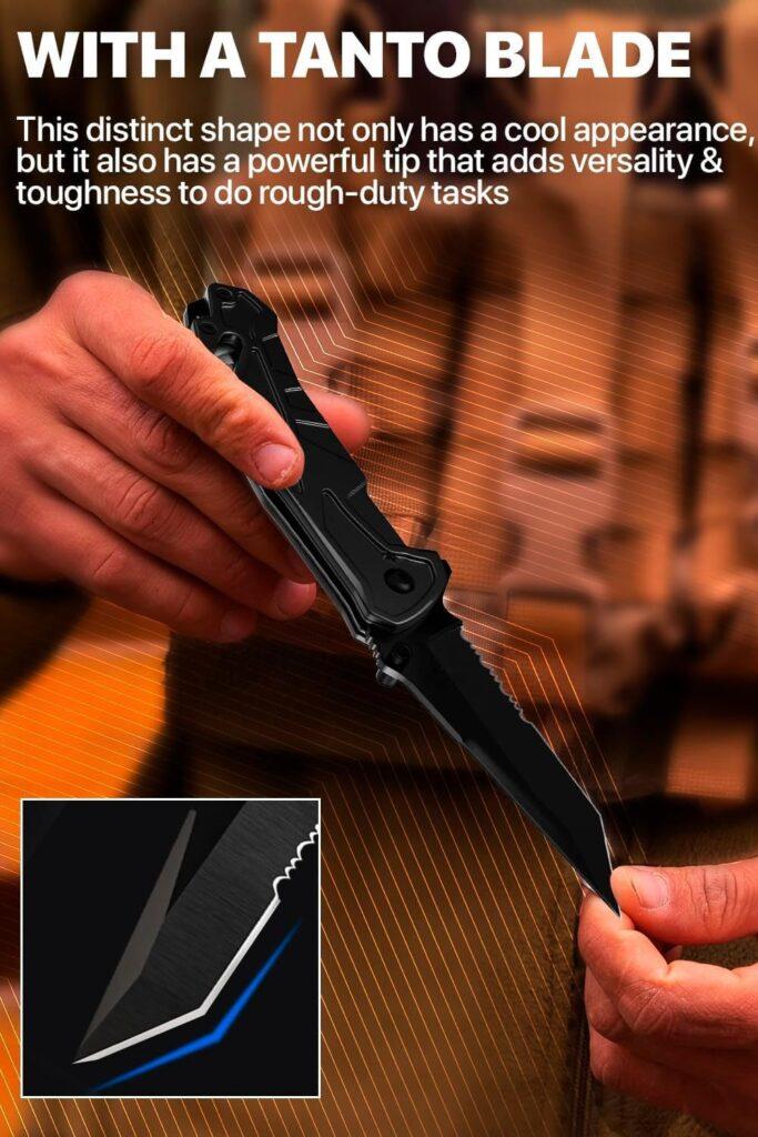 Tactical Knife for Men - 2.8 Inch Tanto Serrated Blade - Black Pocket Knife with Glass Breaker Seatbelt Cutter Pocket Clip - Cool Folding Knives for Camping Military Work - Birthday Mens Gifts 6620
