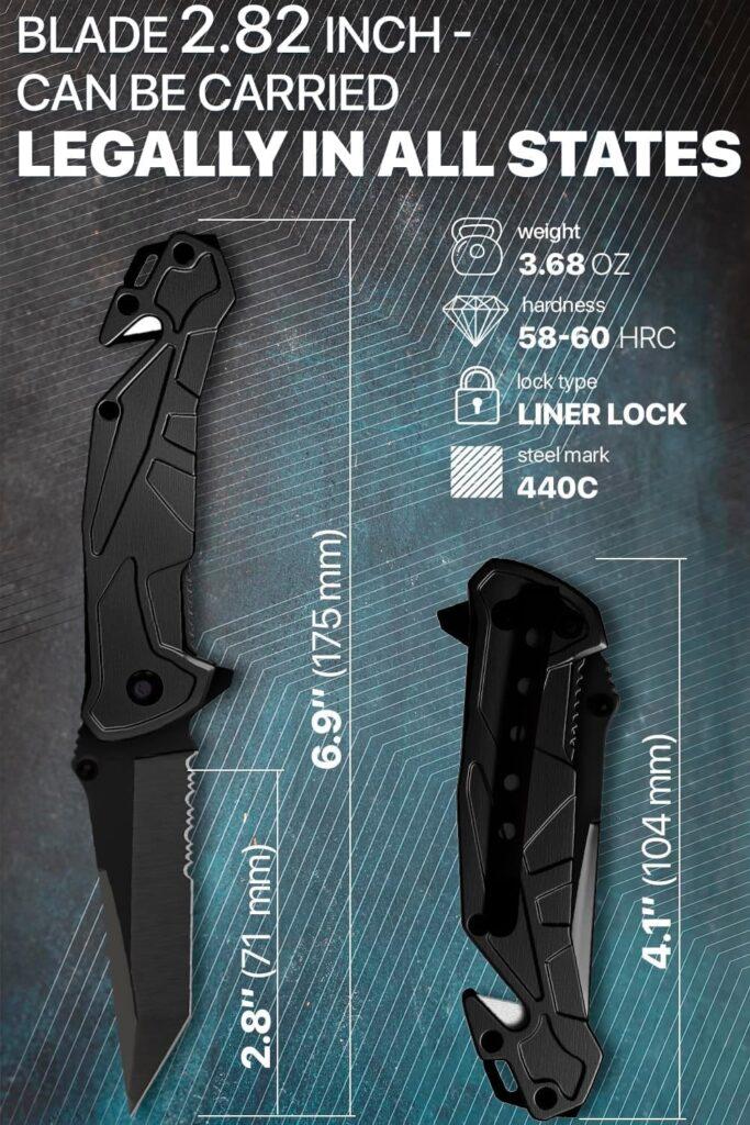 Tactical Knife for Men - 2.8 Inch Tanto Serrated Blade - Black Pocket Knife with Glass Breaker Seatbelt Cutter Pocket Clip - Cool Folding Knives for Camping Military Work - Birthday Mens Gifts 6620