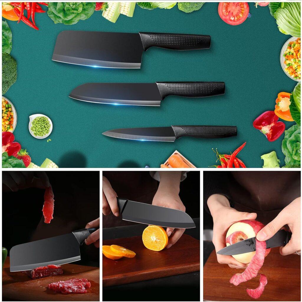YUSOTAN Chef Knife Black Three-Piece Set of Santoku Knives Kitchen Knives-Ergonomic Handle, Best Knives Choice Amp; Kitchen Gadgets 2023, Gifts for Women and Men