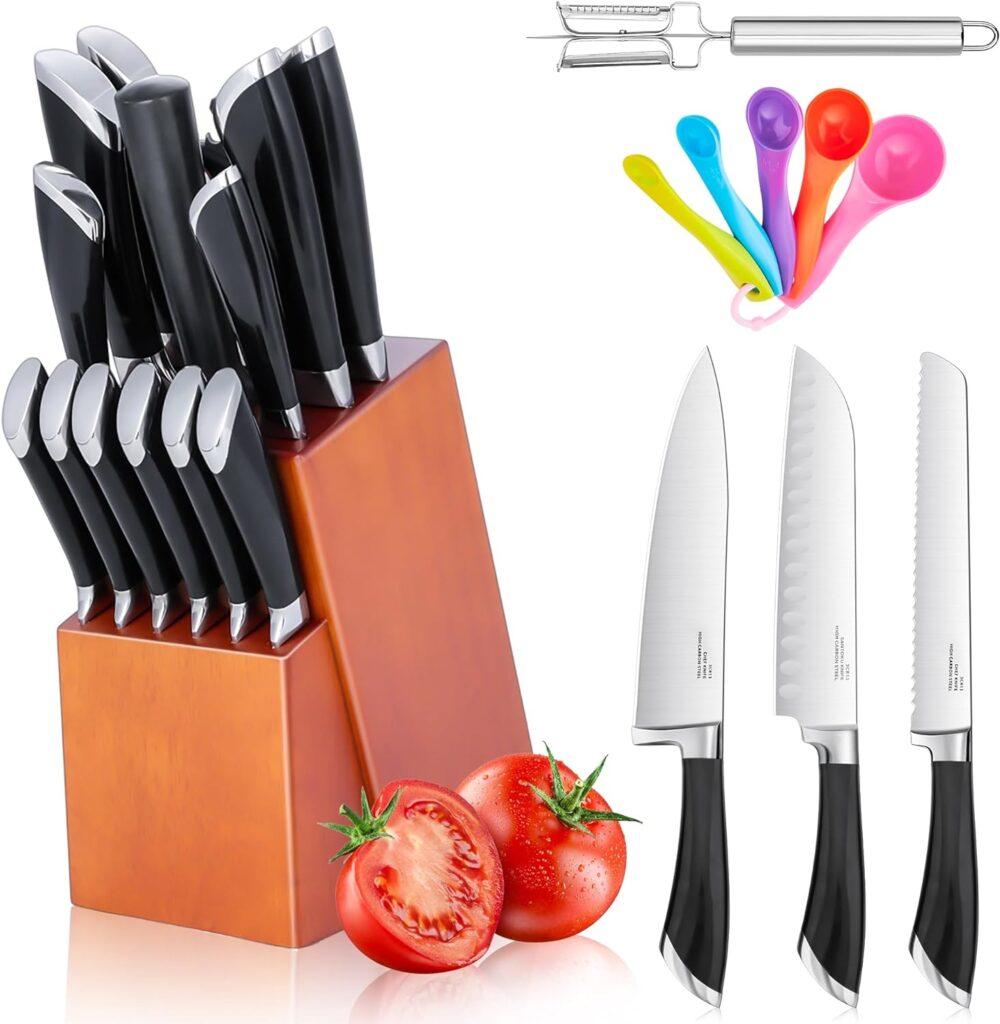 Kitchen Knife Set with Block, HaWare 17 Pieces Stainless Steel Professional Chef Knife Set Include Santoku Bread Carving Utility Paring Chefs Steak Knife and Shears Sharpener Peeler Measuring Spoon