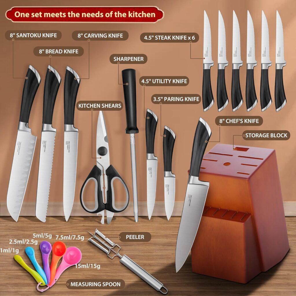 Kitchen Knife Set with Block, HaWare 17 Pieces Stainless Steel Professional Chef Knife Set Include Santoku Bread Carving Utility Paring Chefs Steak Knife and Shears Sharpener Peeler Measuring Spoon