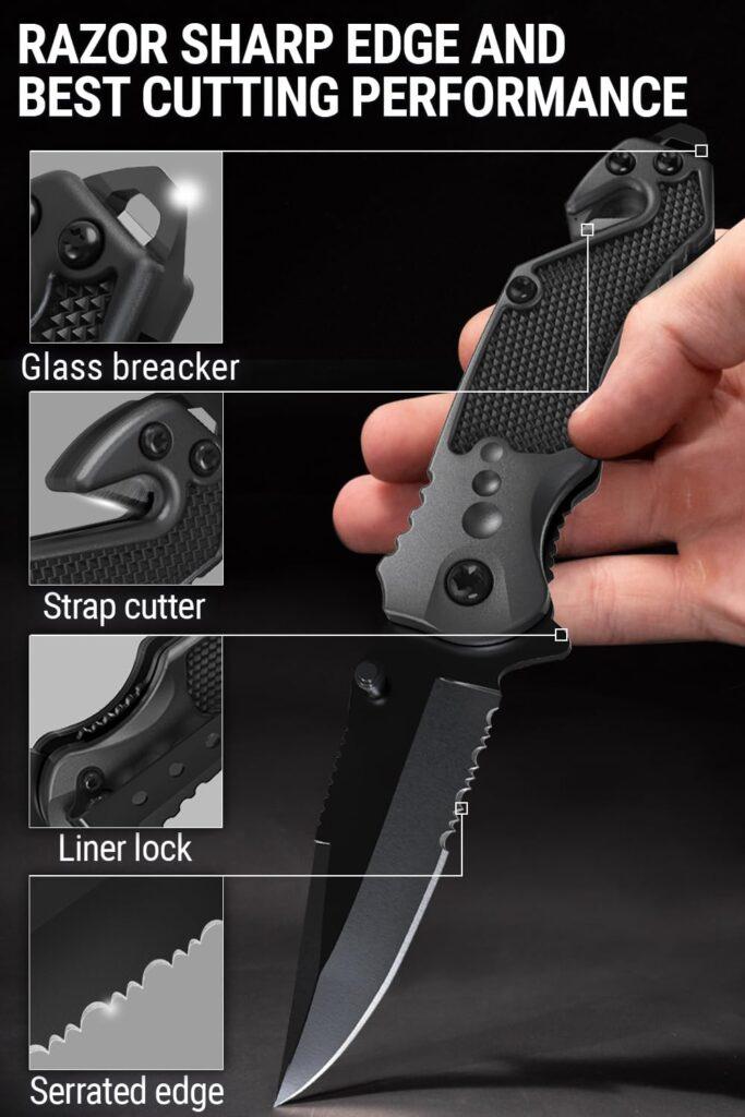 2,95” Serrated Blade Pocket Knife - Black Folding Knife with Glass Breaker and Seatbelt Cutter - Small EDC Knife with Pocket Clip for Men Women - Sharp Tactical Camping Survival Hiking Knives 6680 2,95” Serrated Blade Pocket Knife - Black Folding Knife with Glass Breaker and Seatbelt Cutter - Small EDC Knife with Pocket Clip for Men Women - Sharp Tactical Camping Survival Hiking Knives 6680