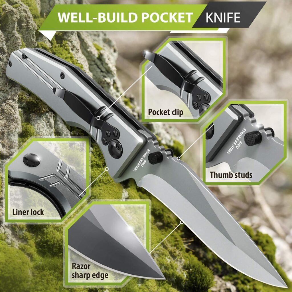 3.5 Blade Pocket Knife - Sharp Folding Knives for Men Women - Tactical Survival Camping Hunting Knofe - Gray EDC Knife with Pocket Clip - Gift for Men - Stocking Stuffers 140106