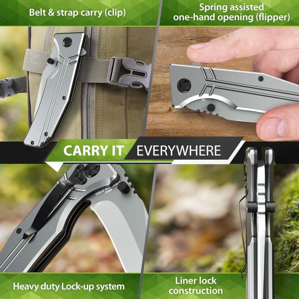 3.5 Blade Pocket Knife - Sharp Folding Knives for Men Women - Tactical Survival Camping Hunting Knofe - Gray EDC Knife with Pocket Clip - Gift for Men - Stocking Stuffers 140106