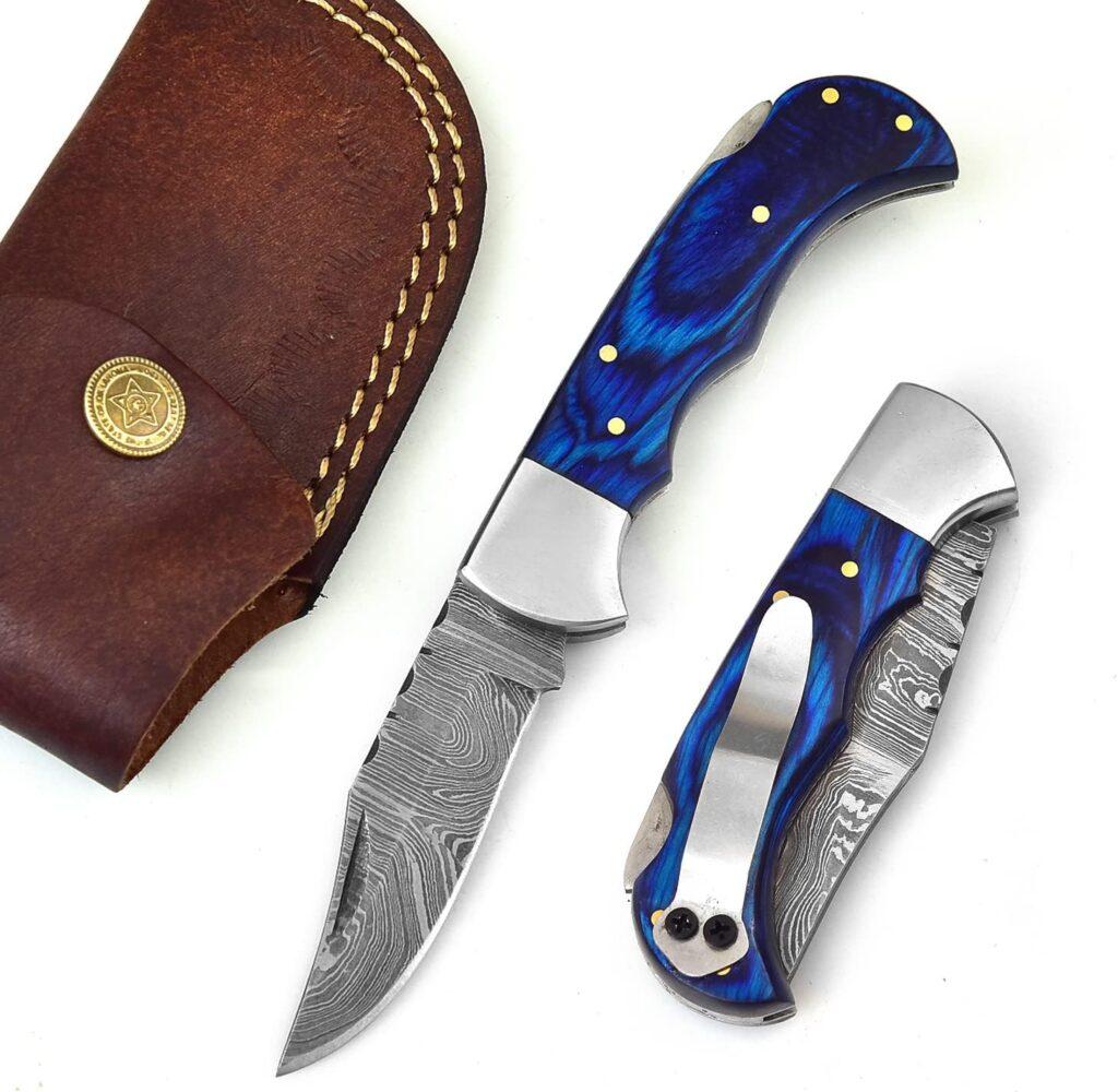 606BU Damascus Steel knife - Pocket Folding Knife with Clip - Handmade Custom knife - Damascus Pocket knife for Men – Cool Pocket Knife Good For Camping Hunting Fishing Indoor  Outdoors Activities - EDC Damascus knife - Folding Hunting Knives - Leather Sheath - Folding Pocket Knife by GladiatorsGuild 606BU (Blue)