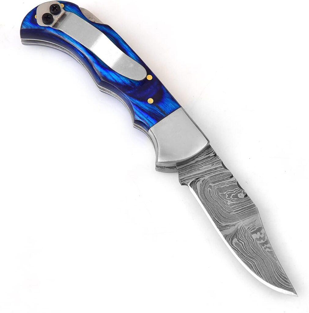 606BU Damascus Steel knife - Pocket Folding Knife with Clip - Handmade Custom knife - Damascus Pocket knife for Men – Cool Pocket Knife Good For Camping Hunting Fishing Indoor  Outdoors Activities - EDC Damascus knife - Folding Hunting Knives - Leather Sheath - Folding Pocket Knife by GladiatorsGuild 606BU (Blue)