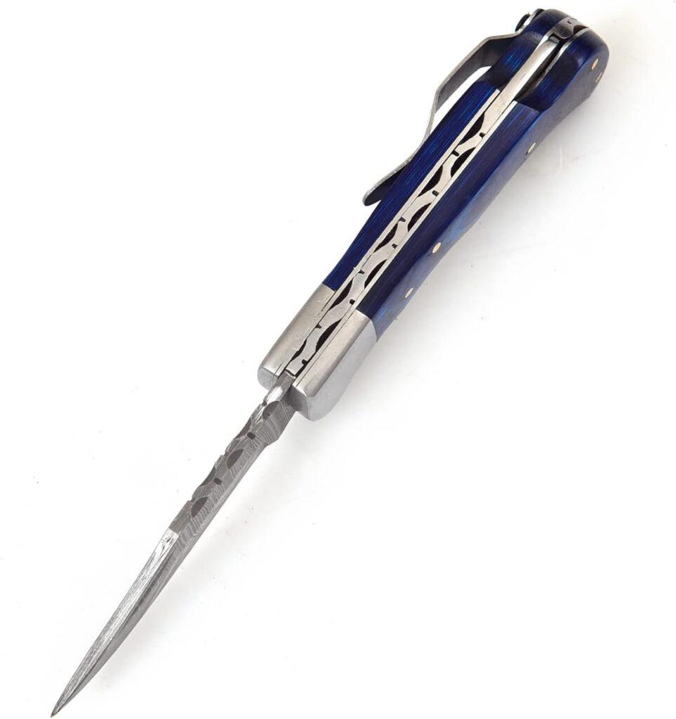 606BU Damascus Steel knife - Pocket Folding Knife with Clip - Handmade Custom knife - Damascus Pocket knife for Men – Cool Pocket Knife Good For Camping Hunting Fishing Indoor  Outdoors Activities - EDC Damascus knife - Folding Hunting Knives - Leather Sheath - Folding Pocket Knife by GladiatorsGuild 606BU (Blue)