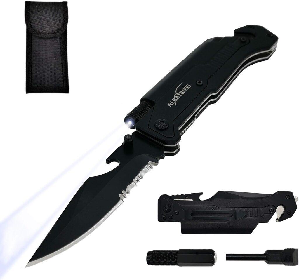 ALBATROSS 6-in-1 Survival Tactical Military Folding Pocket Knives with LED Light,Seatbelt Cutter,Glass Breaker,Magnesium Fire Starter,Bottle Opener;Multi-Function Emergency Tool(Black) ALBATROSS 6-in-1 Survival Tactical Military Folding Pocket Knives with LED Light,Seatbelt Cutter,Glass Breaker,Magnesium Fire Starter,Bottle Opener;Multi-Function Emergency Tool(Black)