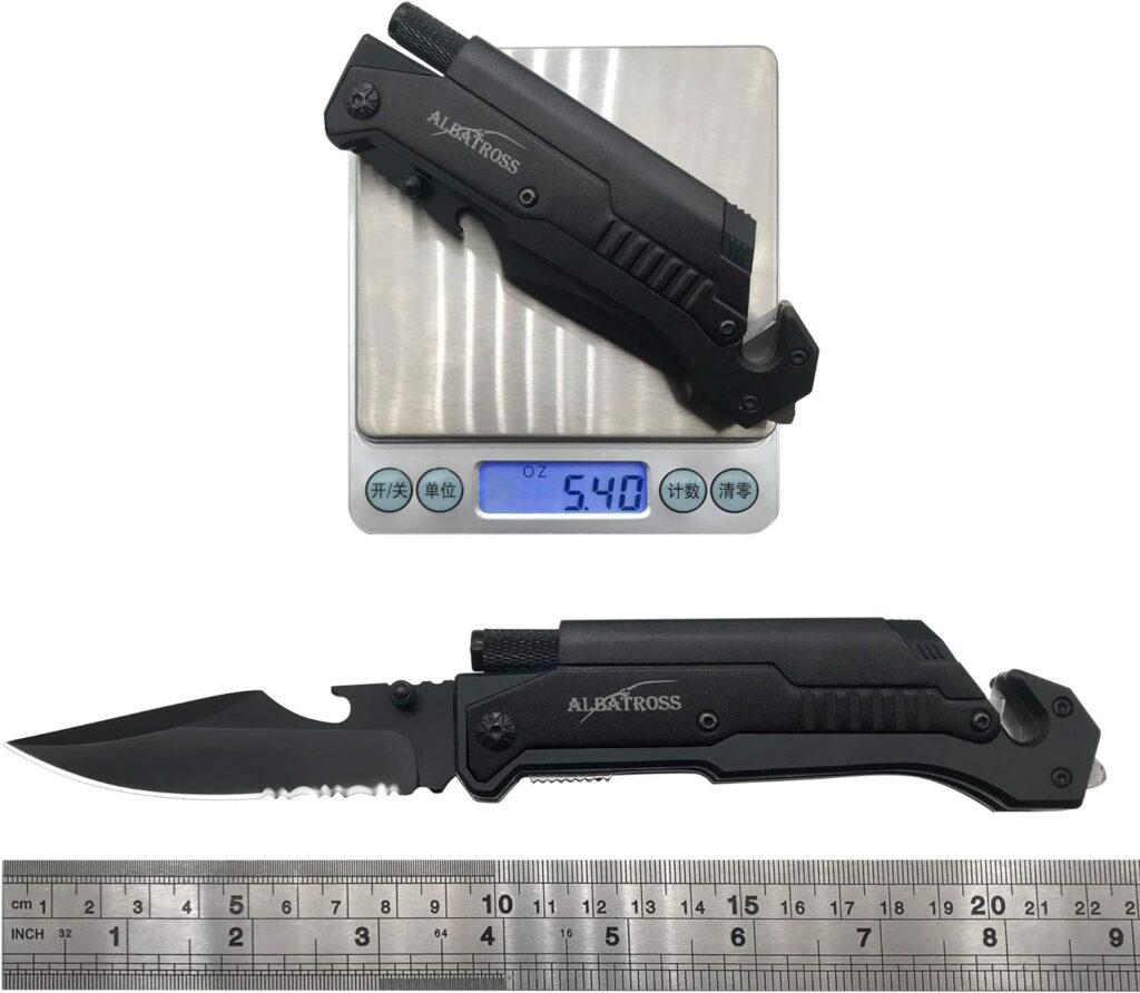 ALBATROSS 6-in-1 Survival Tactical Military Folding Pocket Knives with LED Light,Seatbelt Cutter,Glass Breaker,Magnesium Fire Starter,Bottle Opener;Multi-Function Emergency Tool(Black) ALBATROSS 6-in-1 Survival Tactical Military Folding Pocket Knives with LED Light,Seatbelt Cutter,Glass Breaker,Magnesium Fire Starter,Bottle Opener;Multi-Function Emergency Tool(Black)