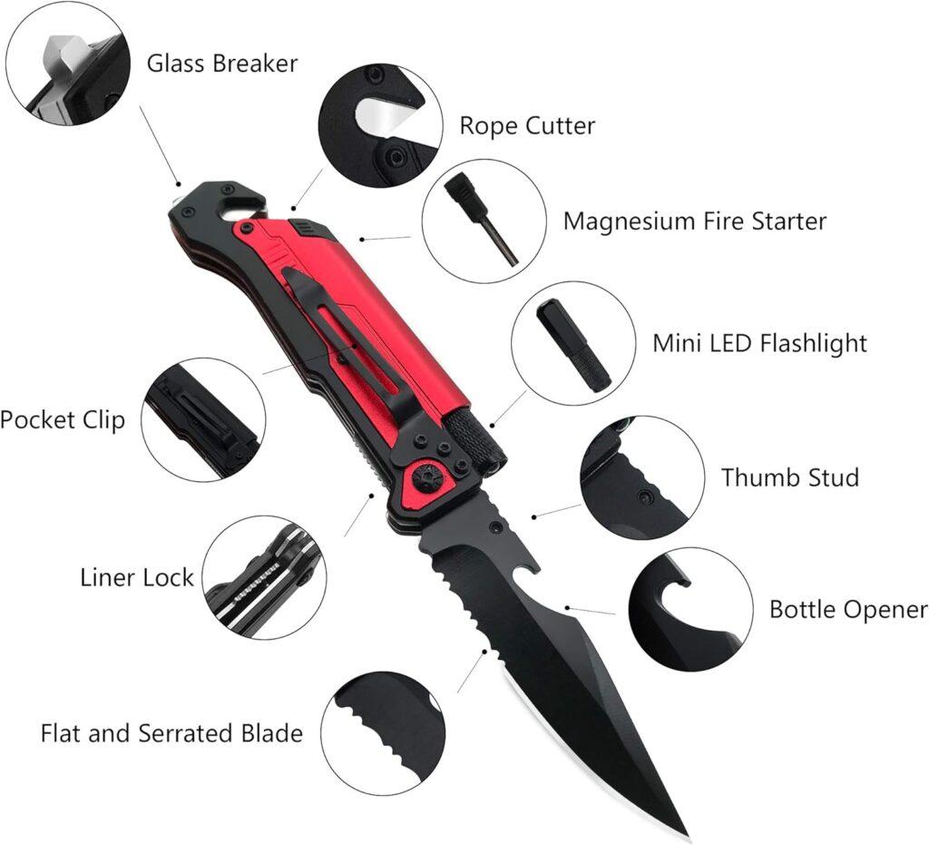 ALBATROSS 6-in-1 Survival Tactical Military Folding Pocket Knives with LED Light,Seatbelt Cutter,Glass Breaker,Magnesium Fire Starter,Bottle Opener;Multi-Function Emergency Tool(Black) ALBATROSS 6-in-1 Survival Tactical Military Folding Pocket Knives with LED Light,Seatbelt Cutter,Glass Breaker,Magnesium Fire Starter,Bottle Opener;Multi-Function Emergency Tool(Black)