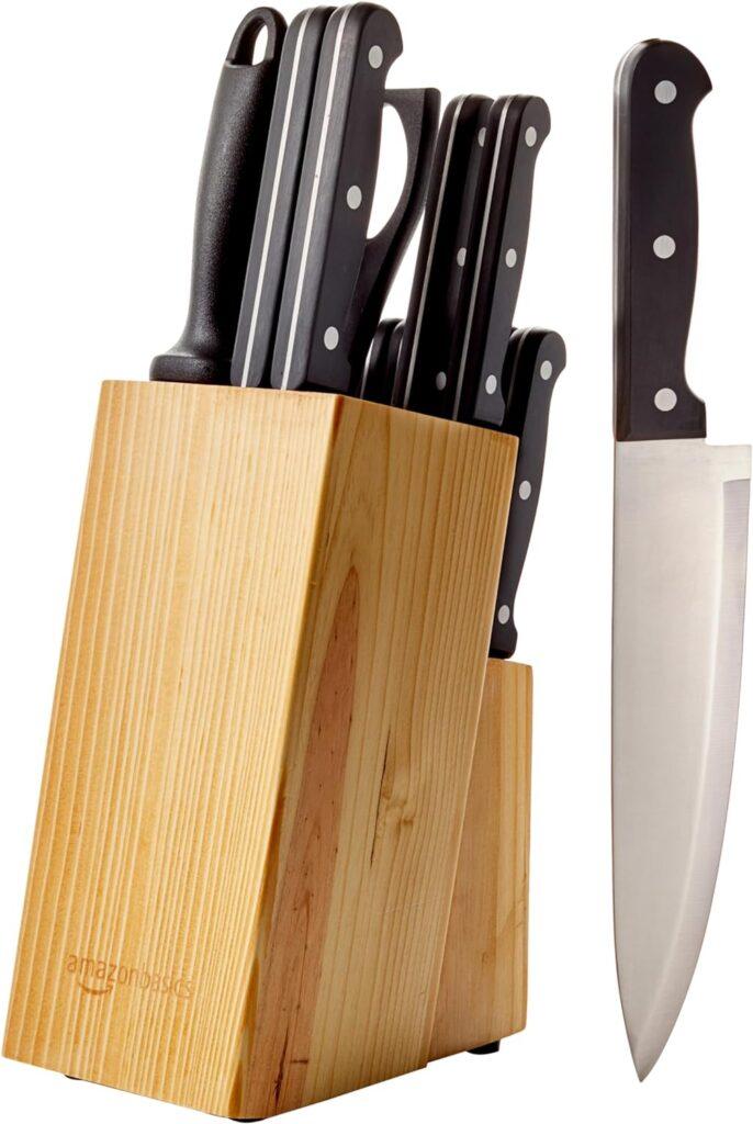 Amazon Basics 14-Piece Kitchen Knife Set with High-Carbon Stainless-Steel Blades and Pine Wood Block, Black Amazon Basics 14-Piece Kitchen Knife Set with High-Carbon Stainless-Steel Blades and Pine Wood Block, Black