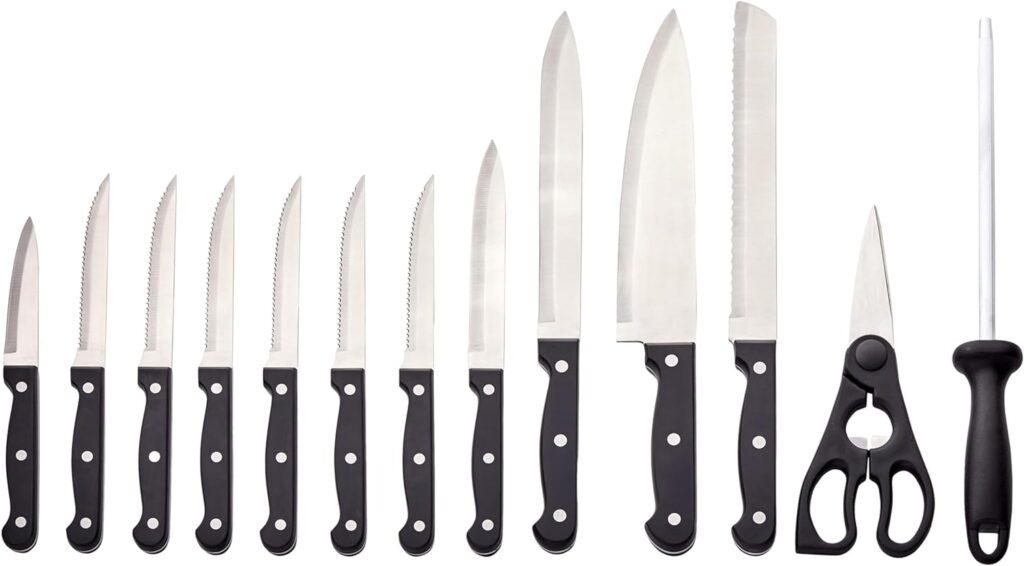 Amazon Basics 14-Piece Kitchen Knife Set with High-Carbon Stainless-Steel Blades and Pine Wood Block, Black Amazon Basics 14-Piece Kitchen Knife Set with High-Carbon Stainless-Steel Blades and Pine Wood Block, Black